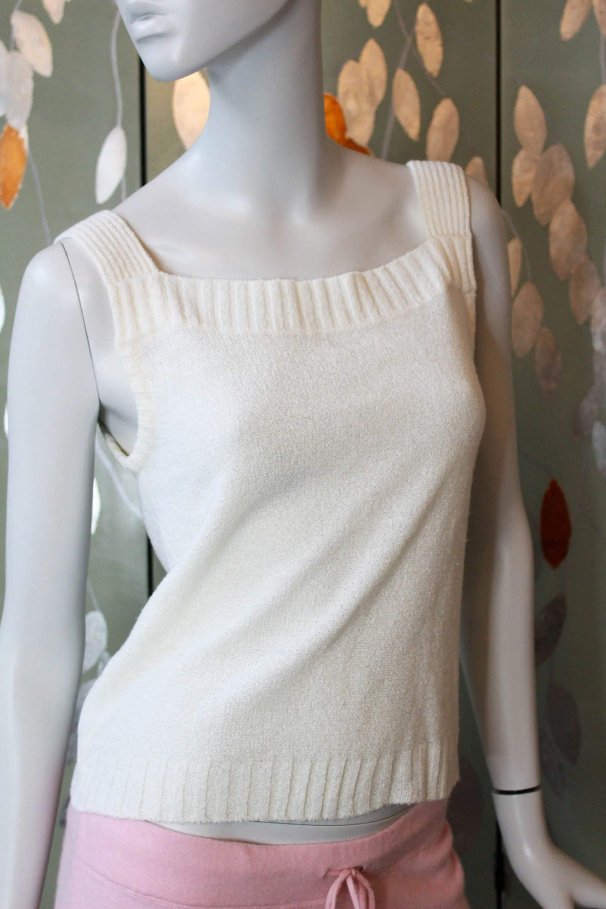 70s White Knit Camisole and Cardigan Set, Large