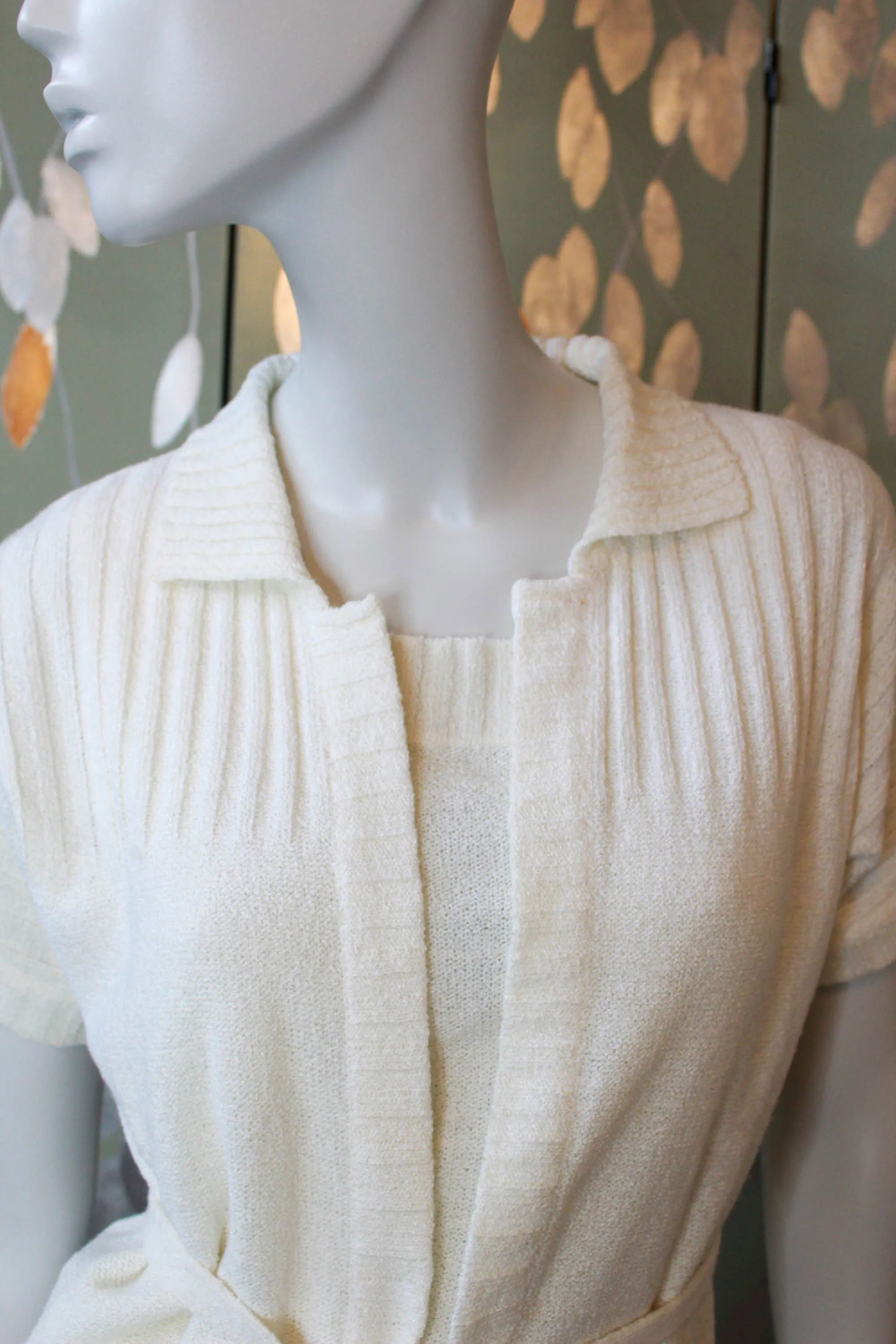 70s White Knit Camisole and Cardigan Set, Large