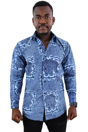 Abu African Print Long Sleeve Men's Shirt - Blue