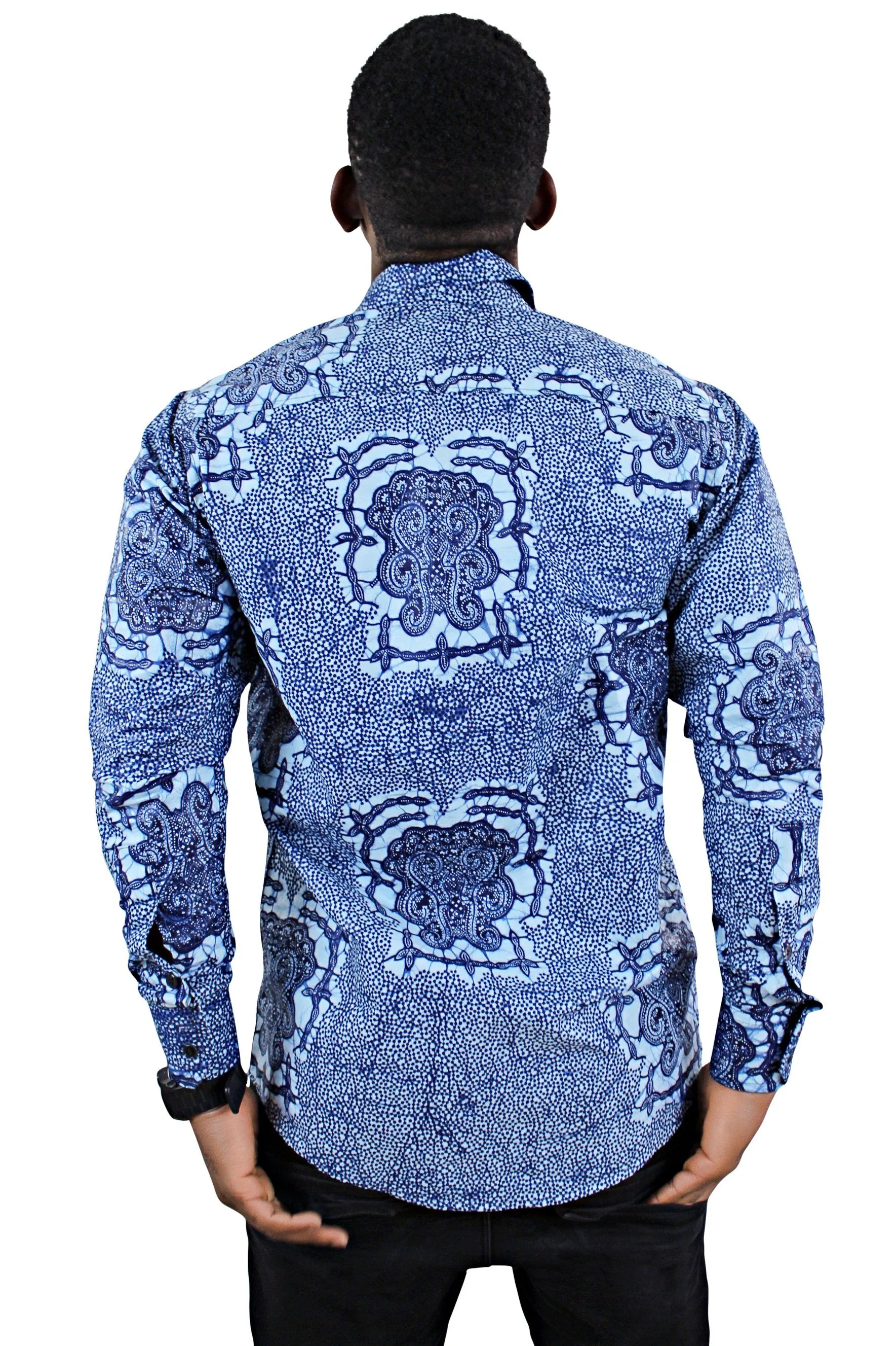 Abu African Print Long Sleeve Men's Shirt - Blue