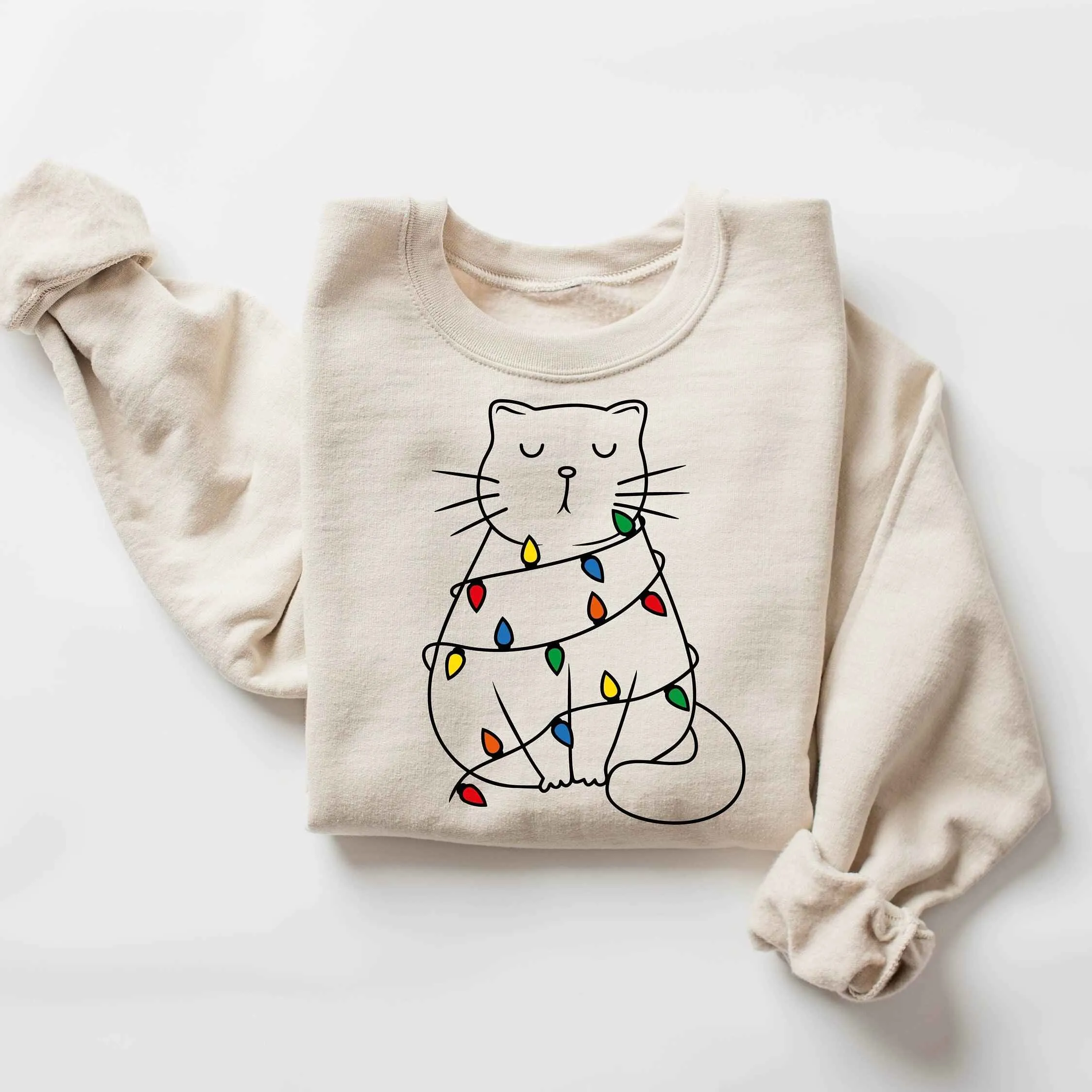 Cozy Cat Wrapped in Christmas Lights Sweatshirt – Pastel Pink Holiday Edition