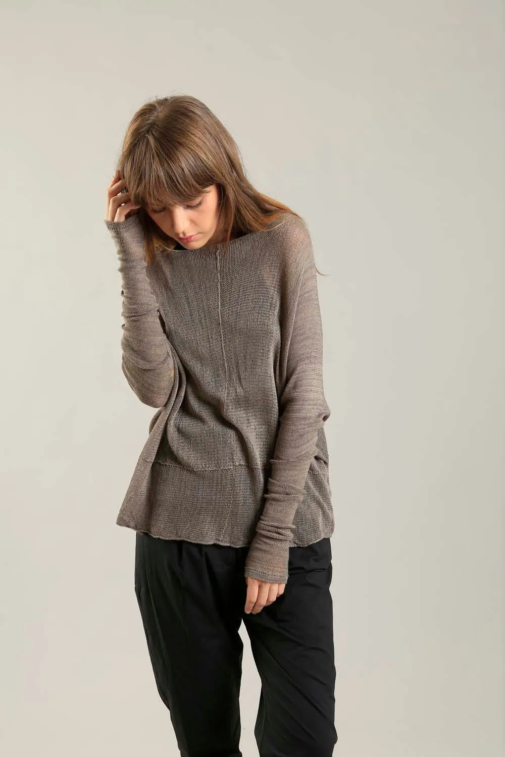 Dark Taupe boat neck Oversize Bamboo knitted shirt with Long Sleeves