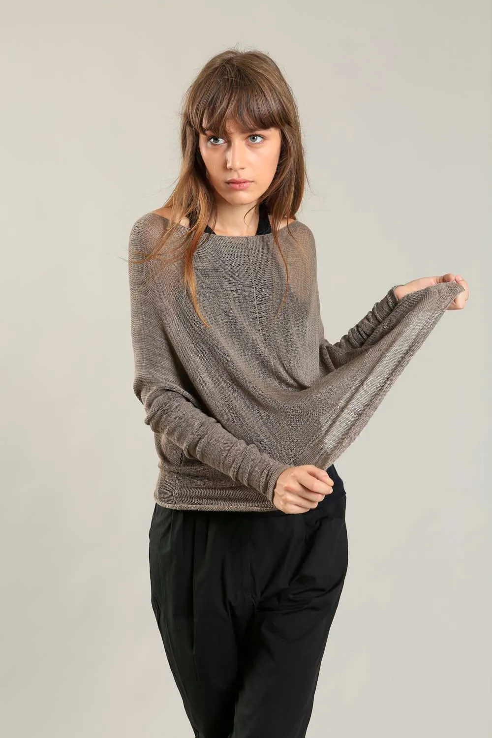 Dark Taupe boat neck Oversize Bamboo knitted shirt with Long Sleeves