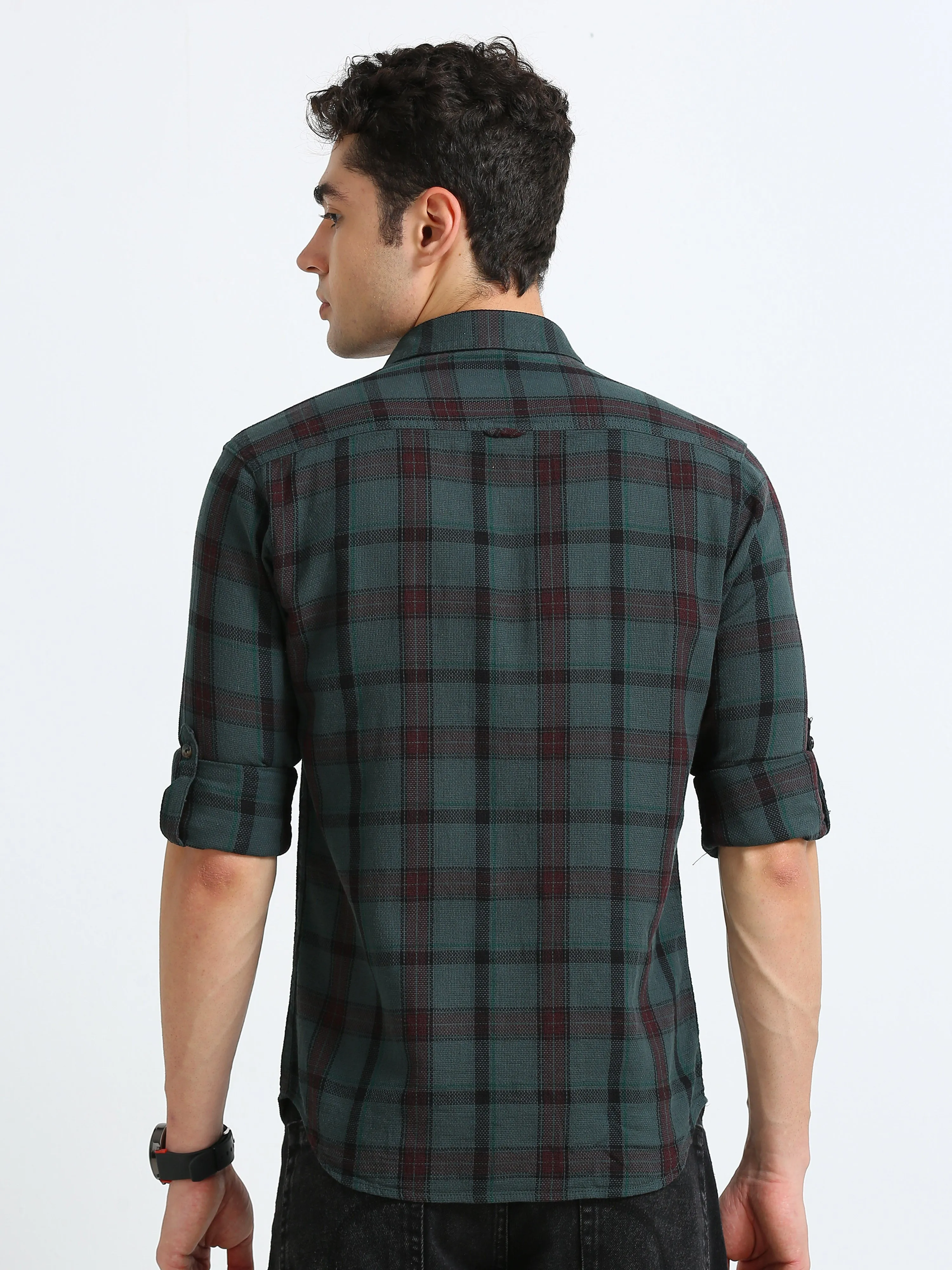 Men Green & Maroon Slim Fit Checks Full Sleeve Casual Shirt