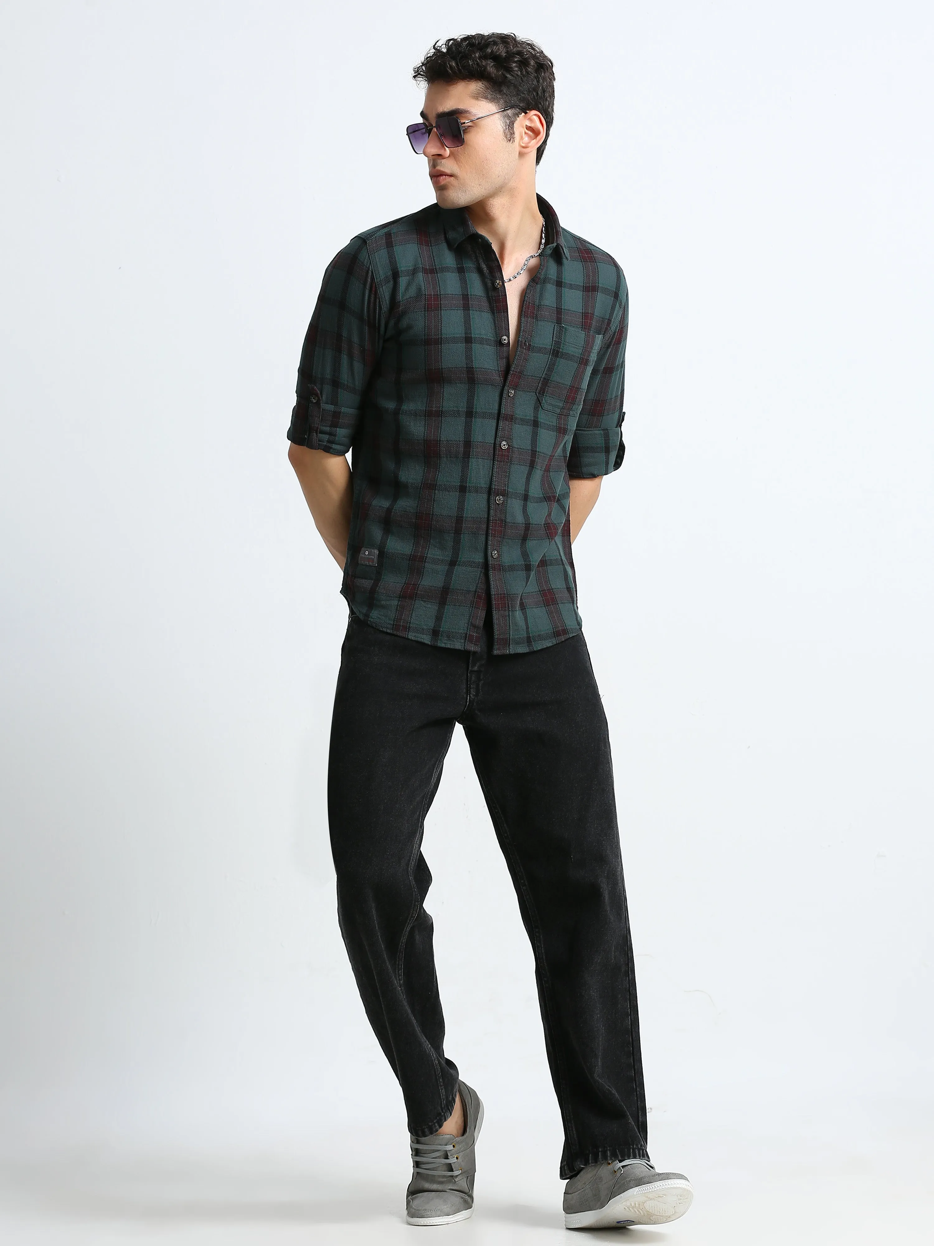 Men Green & Maroon Slim Fit Checks Full Sleeve Casual Shirt