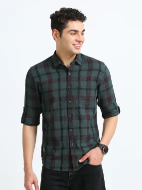 Men Green & Maroon Slim Fit Checks Full Sleeve Casual Shirt