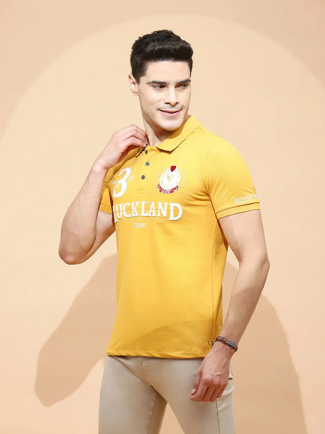 Mustard Cotton Blend Regular Fit T-Shirt For Men