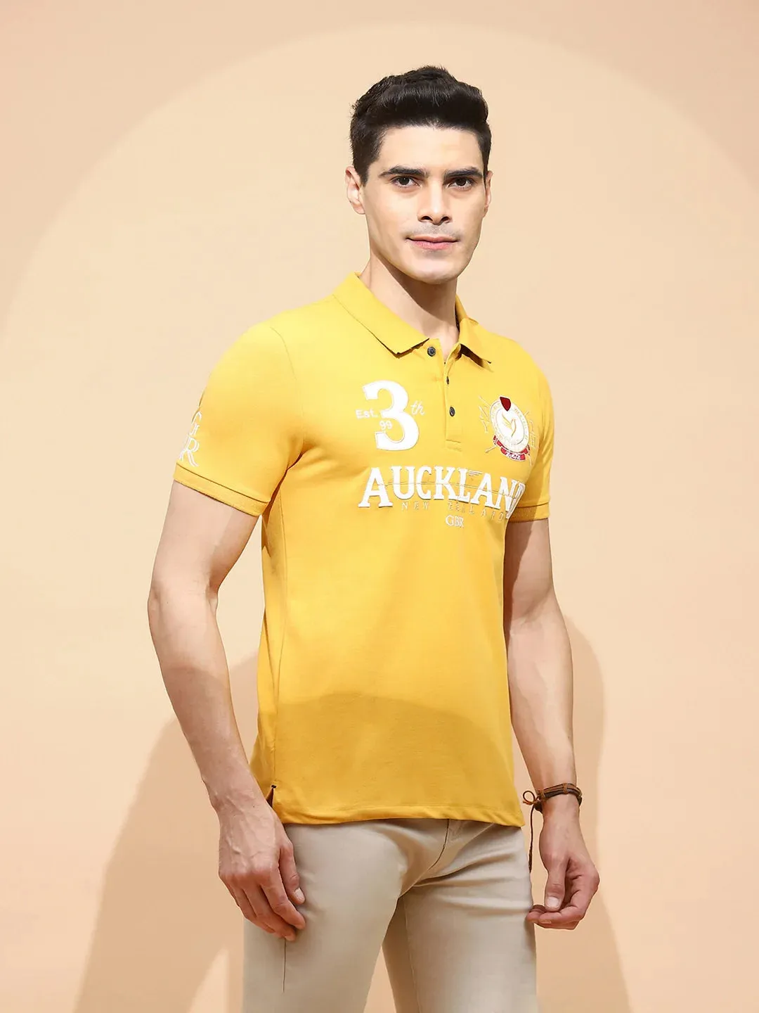 Mustard Cotton Blend Regular Fit T-Shirt For Men