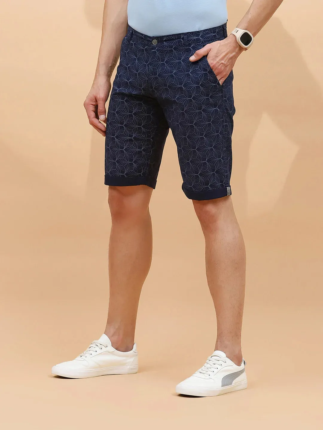 Navy Print Cotton Blend Regular Fit Shorts For Men