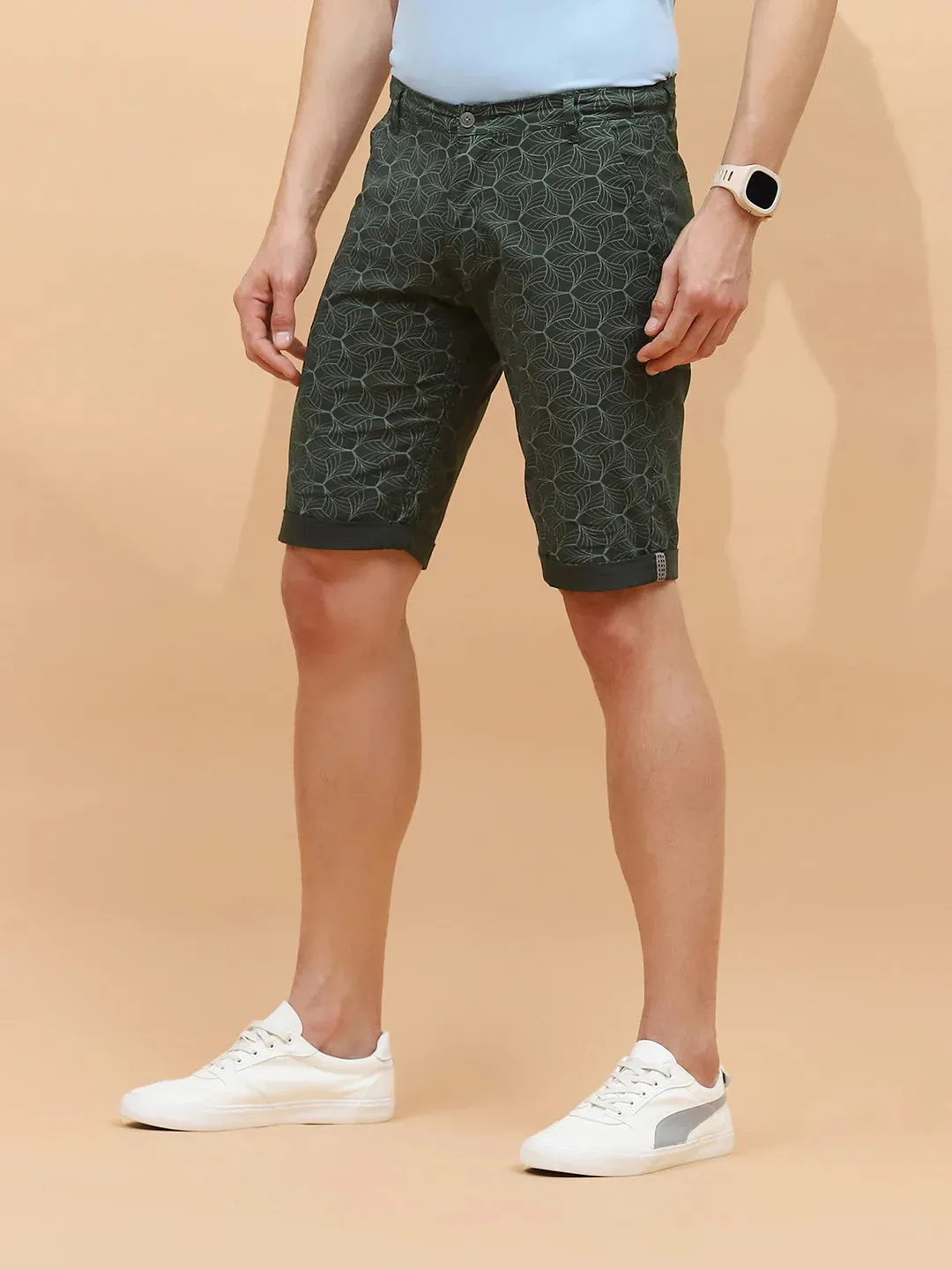 Olive Print Cotton Blend Regular Fit Shorts For Men