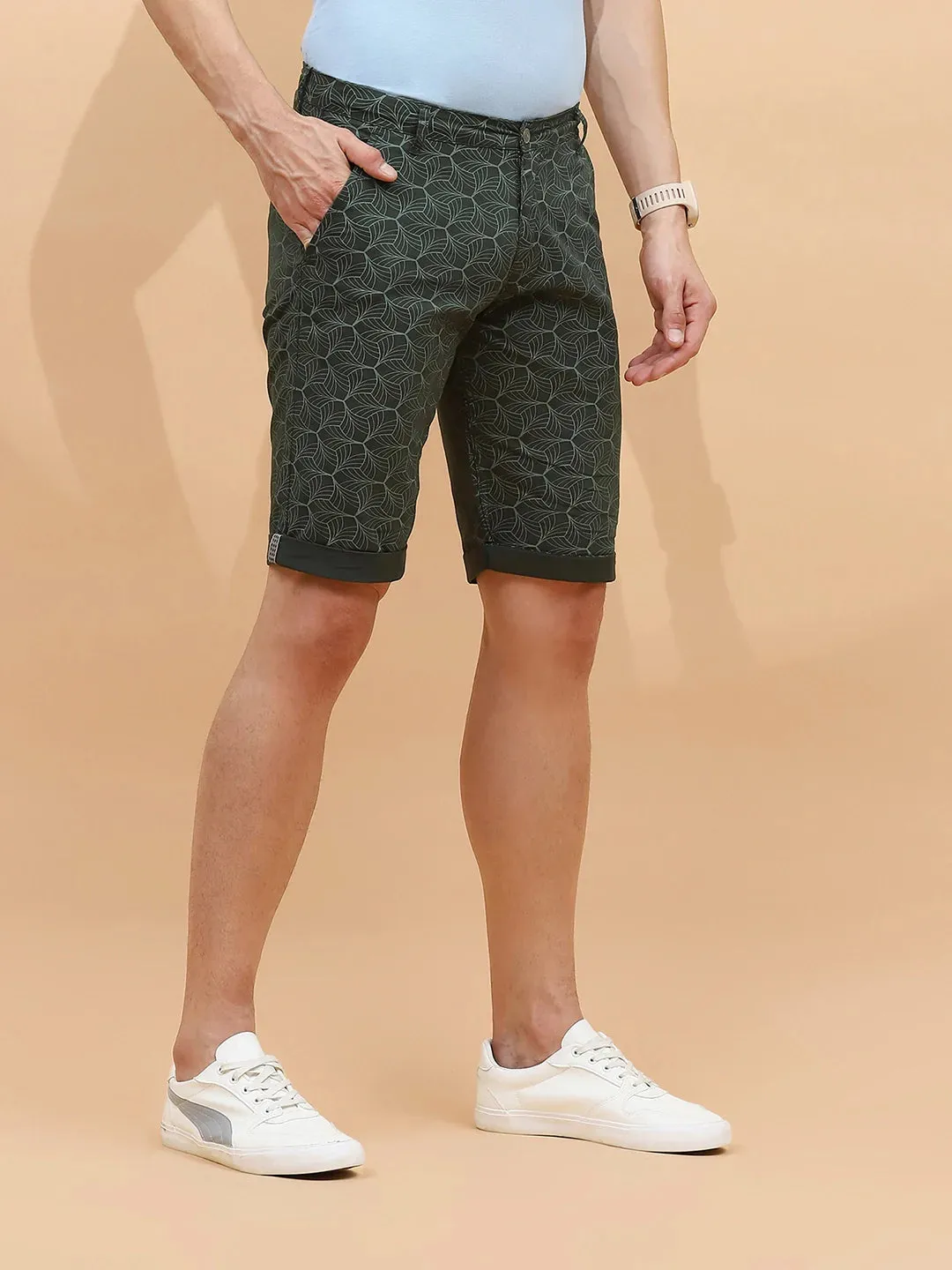 Olive Print Cotton Blend Regular Fit Shorts For Men