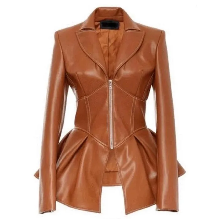 Stylish Ruffle Deep V Zip Front Lapel Leather Jacket - Coffee