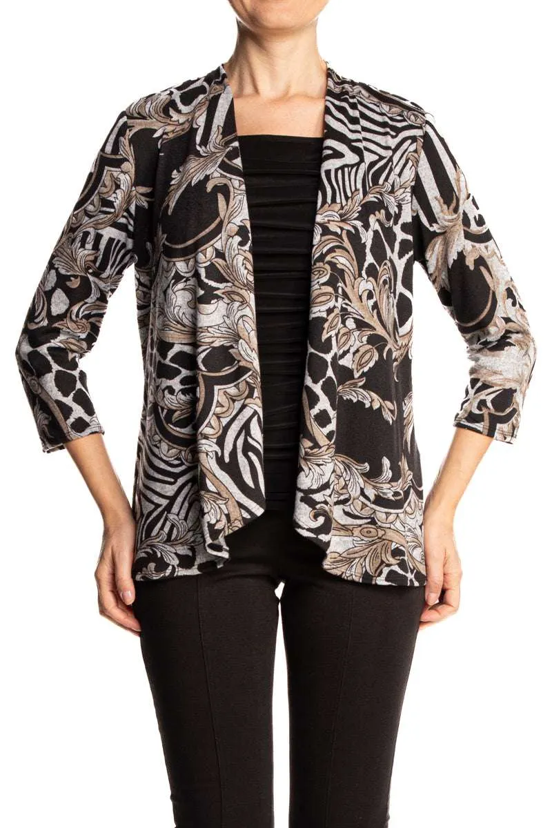 Women's Cardigan Black And Tan Elegant Print Quality Stretch Comfort fabric On sale Quality Made In Canada