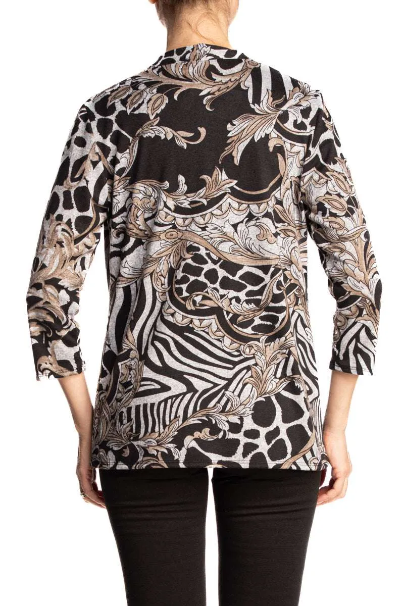 Women's Cardigan Black And Tan Elegant Print Quality Stretch Comfort fabric On sale Quality Made In Canada