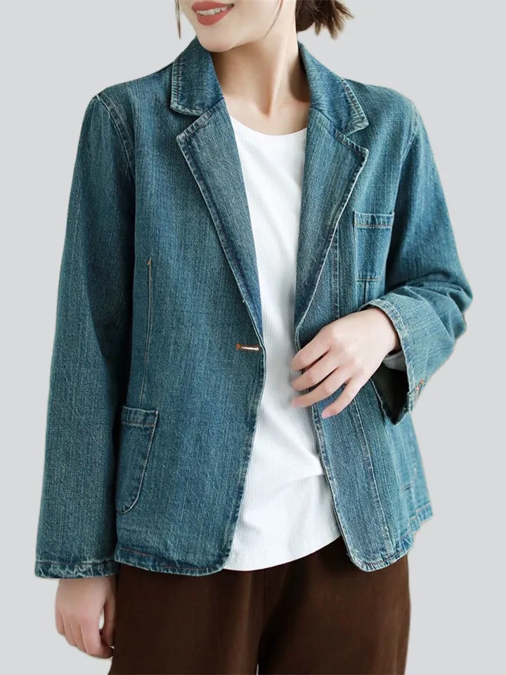 Women's Stylish Notched Lapel One Button Denim Blazer