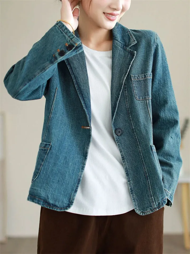 Women's Stylish Notched Lapel One Button Denim Blazer