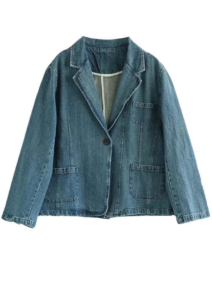 Women's Stylish Notched Lapel One Button Denim Blazer