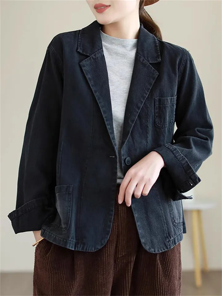 Women's Stylish Notched Lapel One Button Denim Blazer